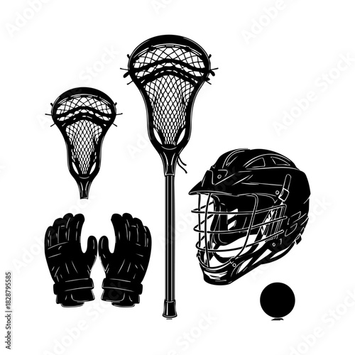 Collection of lacrosse equipment silhouette vector. Lacrosse elements vector isolated on white background.