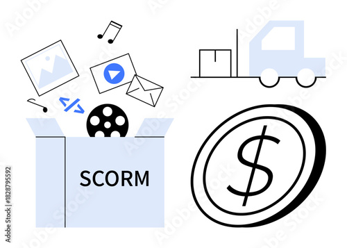 Open SCORM box with files, media, email, code, delivery truck, and dollar coin. Ideal for e-learning, content distribution, monetization digital courses online education SCORM simple flat