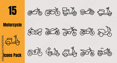 15 Motorcycle Outline Icons Vector Pack Scooter Motorbike Transport Vehicle Set