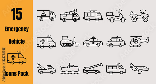 15 Emergency Vehicle Outline Icons Vector Pack Fire Police Ambulance Rescue Set