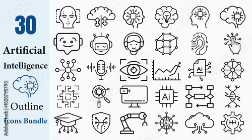 30 Artificial Intelligence Outline Icons Vector Bundle Set AI Robot Machine Learning