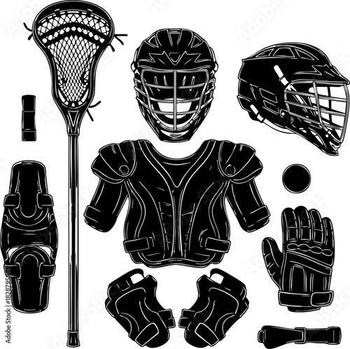 Collection of lacrosse equipment silhouette vector. Lacrosse elements vector isolated on white background.