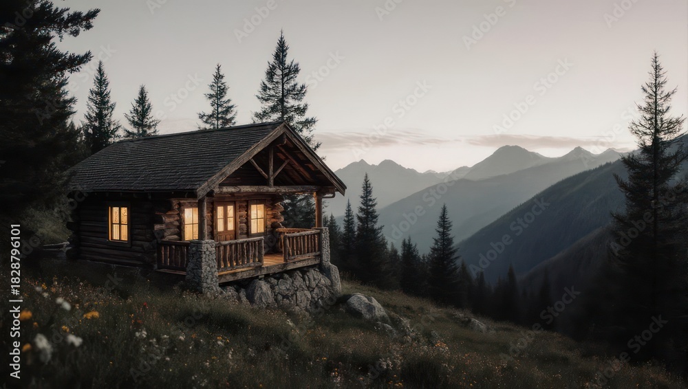 Fototapeta premium Cozy Log Cabin Nestled in a Serene Mountain Landscape at Dusk.