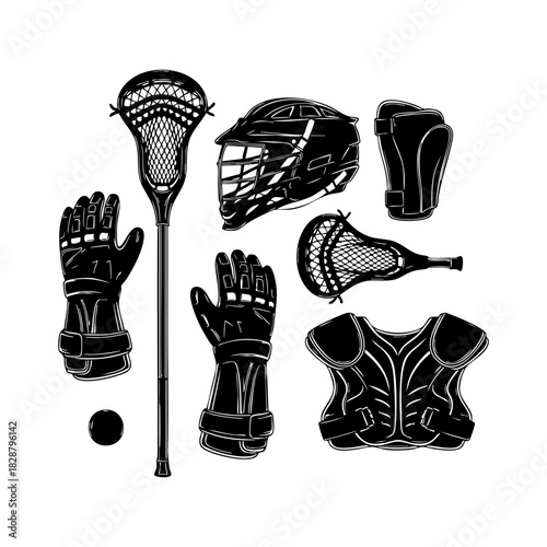 Collection of lacrosse equipment silhouette vector. Lacrosse elements vector isolated on white background.