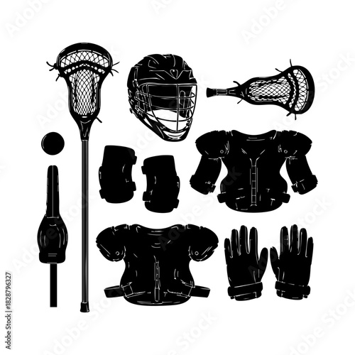 Collection of lacrosse equipment silhouette vector. Lacrosse elements vector isolated on white background.