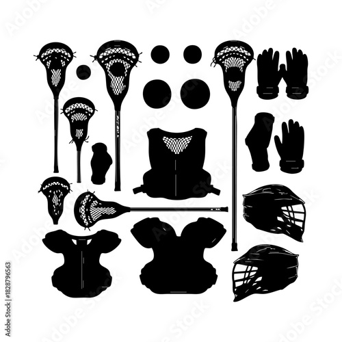 Collection of lacrosse equipment silhouette vector. Lacrosse elements vector isolated on white background.