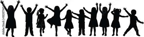Children silhouettes, playful poses, black outline, joyful movement, dancing and jumping, minimal design, youth energy, activity concept, group scene