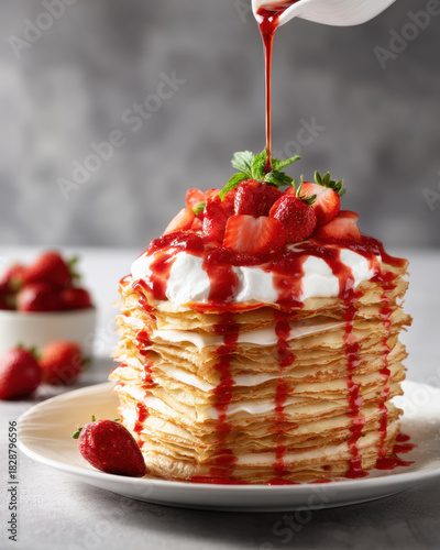 Stacked crepe cake with whipped cream strawberry sauce pouring and fresh strawberry garnish