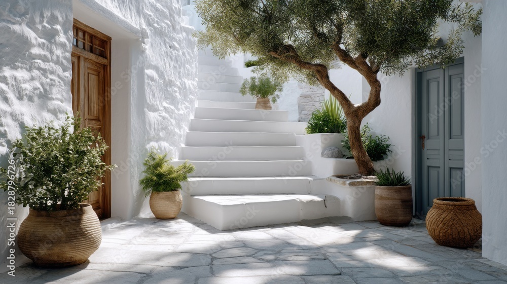 Fototapeta premium Beautiful entrance of an apartment in greece with white walls, stairs, and plants, pots with olive trees, stone floor, on a beautiful, sunny day.