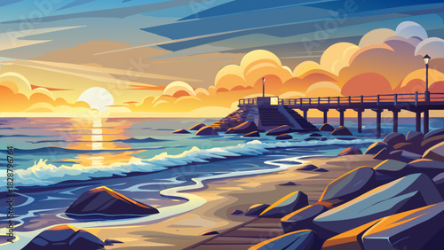 Very beautiful dawn scene featuring gentle light illuminating the jetty rocks at Singleton Beach, with soft waves washing against the shoreline and a tranquil horizon glowing in warm, early-morning to