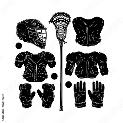 Collection of lacrosse equipment silhouette vector. Lacrosse elements vector isolated on white background.