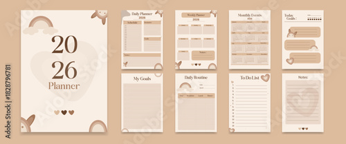 2026 Planner Printable Bundle of Cute Aesthetic Daily, Weekly and Monthly Templates, vector illustration.