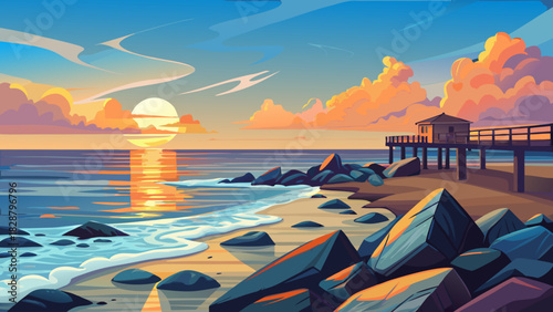 Very beautiful dawn scene featuring gentle light illuminating the jetty rocks at Singleton Beach, with soft waves washing against the shoreline and a tranquil horizon glowing in warm, early-morning to