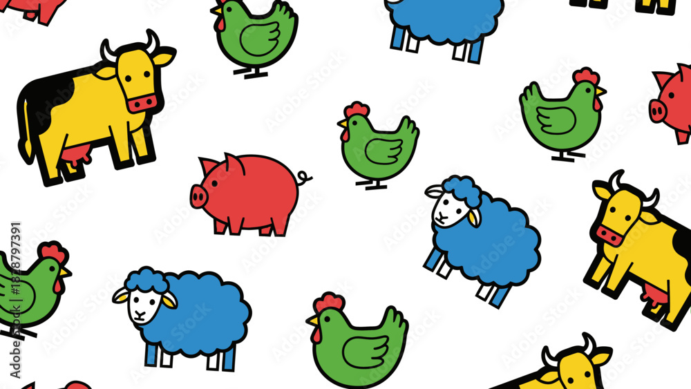 Obraz premium Cartoon Farm Animals Pattern Colorful Livestock Illustration Background