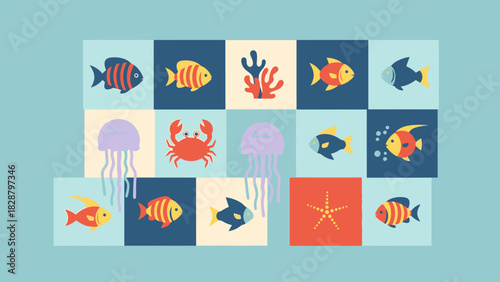 Underwater Sea Life Vector Pattern Fish Jellyfish Crab Starfish