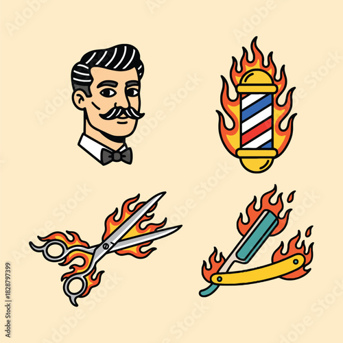 Fiery Barbershop Icons Set: Retro Gentleman Portrait, Flaming Pole, Scissors, and Razor Tattoo Art