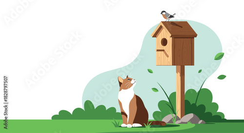 A curious domestic cat observes a small bird perched on a wooden birdhouse in a lush green garden setting with falling leaves.