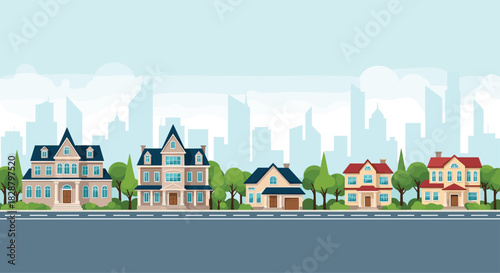 An illustration of a charming suburban street with various residential houses, green trees, and a city skyline in the background.