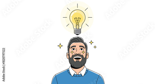 A happy bearded man has a brilliant new idea, with a glowing lightbulb above his head and sparkles, representing a moment of inspiration and insight.