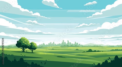 Expansive cartoon landscape with lush green meadows, a pair of trees, and a city silhouette against a vivid blue sky with clouds.