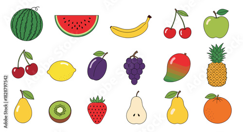 A vibrant assortment of fresh and healthy fruits, including watermelons, bananas, cherries, apples, and more, isolated on a white background.