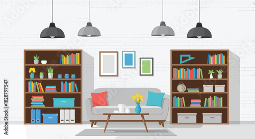 Cozy modern living room interior with a grey sofa, coffee table, and two tall bookshelves filled with books, plants, and decorative items.