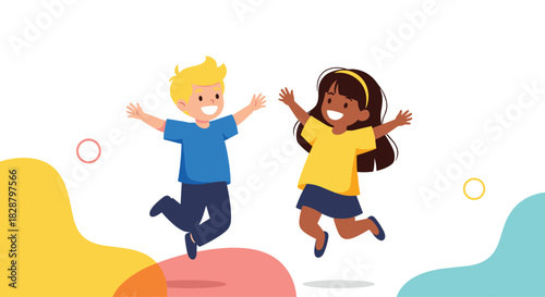 Two happy children, a boy and a girl, joyfully jumping and smiling with arms outstretched against a clean, playful background.