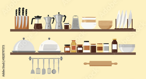 An organized collection of various kitchen items, including coffee makers, dishes, spices, and utensils, displayed on shelves and hanging.
