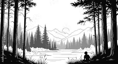 A serene monochromatic landscape features a lone figure by a calm lake, surrounded by a dense forest and majestic mountains under a soft sun.