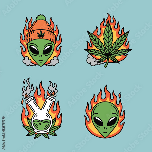 Psychedelic Flaming Cannabis Stickers Set: Alien, Weed Leaf, and Bong Tattoo Flash Art