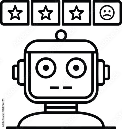 Robot with three star rating and one sad face in black and white line art illustration style