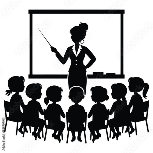 Teacher instructing children in a classroom silhouette