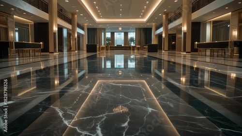 Luxurious Hotel Lobby with Polished Marble Floors and Elegant Chandeliers photo