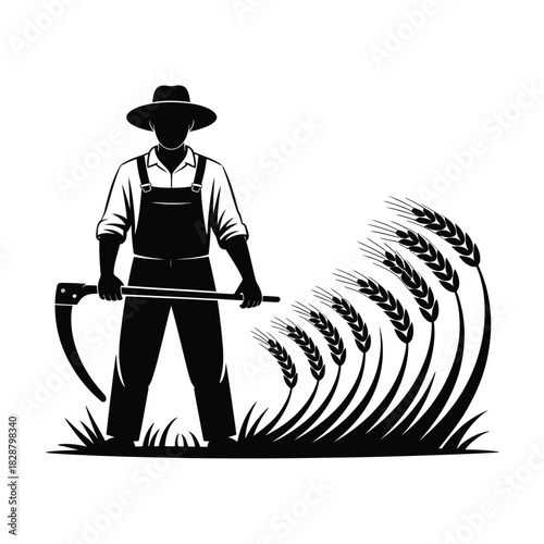 Farmer with scythe harvesting wheat field silhouette