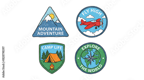 A collection of four colorful, illustrated patches themed around travel and outdoor adventures like camping and hiking.