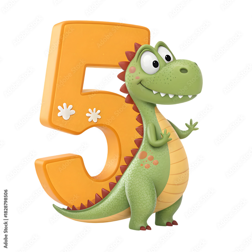 Fototapeta premium cute green cartoon dinosaur and number 5 illustration