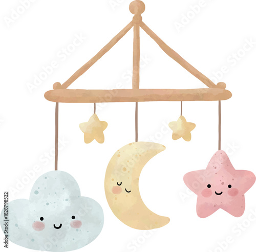 Watercolor Baby Mobile with Moon and Stars – Nursery Clipart