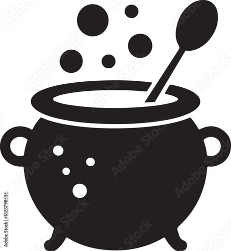 Cauldron vector icon with bubbling potion and stirring spoon for witchcraft or Halloween concepts