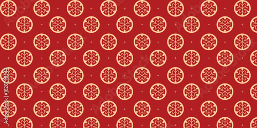 Seamless festive pattern with circular golden snowflake emblems and tiny star accents on a rich red background, perfect for Christmas wrapping paper, luxury packaging, greeting cards and elegant holid