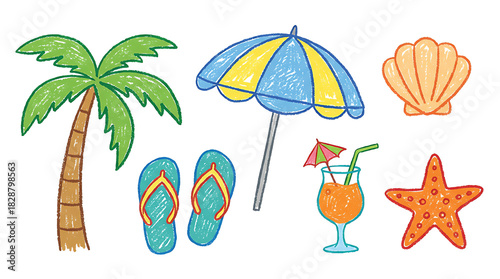 A colorful cartoon drawing of beach themed items including a palm tree, umbrella, flip flops, drink, shell, and starfish.