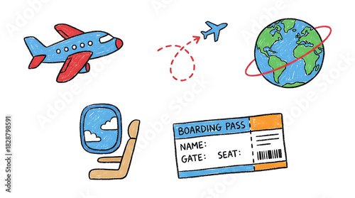 A set of hand-drawn illustrations depicting various elements of air travel, including an airplane, a globe, a boarding pass, and a window seat view.