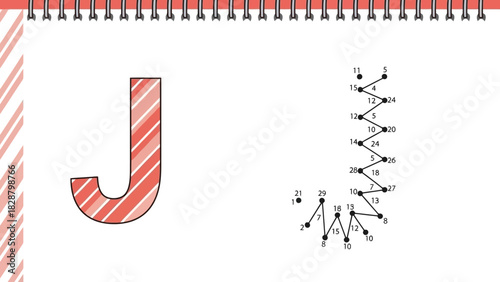 Candy Cane Letter J Dot-to-Dot Puzzle on Spiral Notebook Background