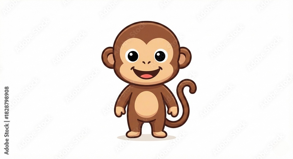 Obraz premium Playful baby monkey standing with happy face, brown fur, cute big round eyes, vector illustration, minimal clean style, isolated on white background.