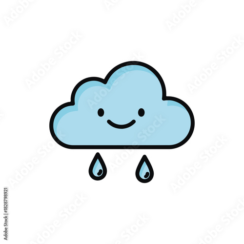 Cute smiling cloud raining drops isolated on white background silhouette