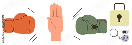 Boxing gloves face off as an open hand intervenes, accompanied by a lock, magnifying glass, and camera. Ideal for conflict resolution, security, protection, negotiation, surveillance balance