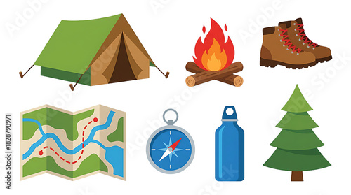 Camping essentials: tent, campfire, boots, map, compass, water bottle, and evergreen tree.
