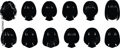 Collection of female hairstyle silhouettes, various short and medium haircuts, black vector hair icons, isolated head designs for fashion, beauty, and illustration projects