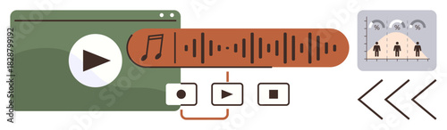 Media player with play button, audio waveform, music icon, control buttons, analytics chart, and navigation arrows. Ideal for multimedia, technology, data analysis music learning interaction