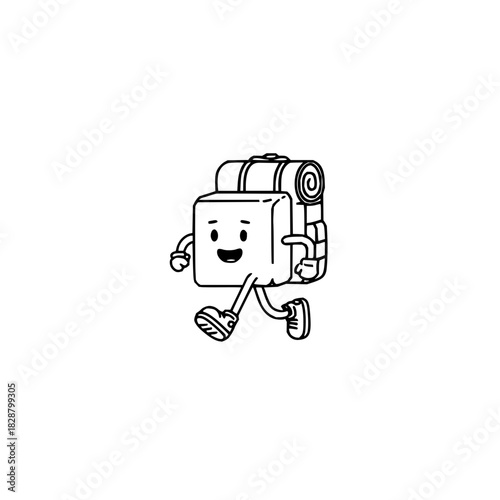 Cartoon character hiking adventure: a cute square backpacker on a walking travel journey outdoors trip
