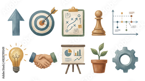 Watercolor illustration of business and strategy icons, including target, chart, handshake, and lightbulb.